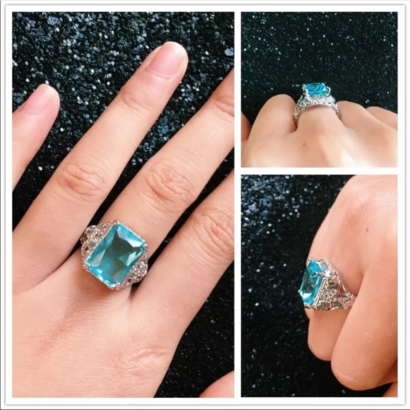 925 Silver Princess Cut Aquamarine Size 7 New - Picture 4 of 4